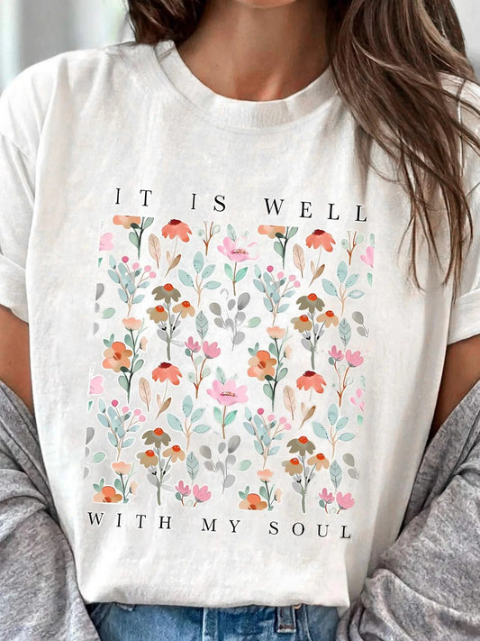 Women's Floral & Letter Print Round Neck Tee, Trendy Casual Short Sleeve T-shirt for Daily Wear, Ladies All Seasons Tops