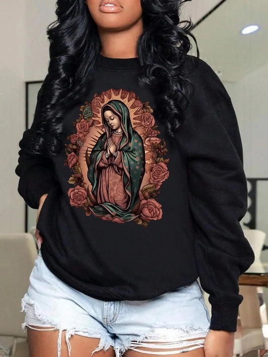 Women's Floral & Virgin Mary Print Drop Shoulder Sweatshirt, Casual Long Sleeve Round Neck Pullover for Fall & Winter, Ladies Clothes for Daily Wear
