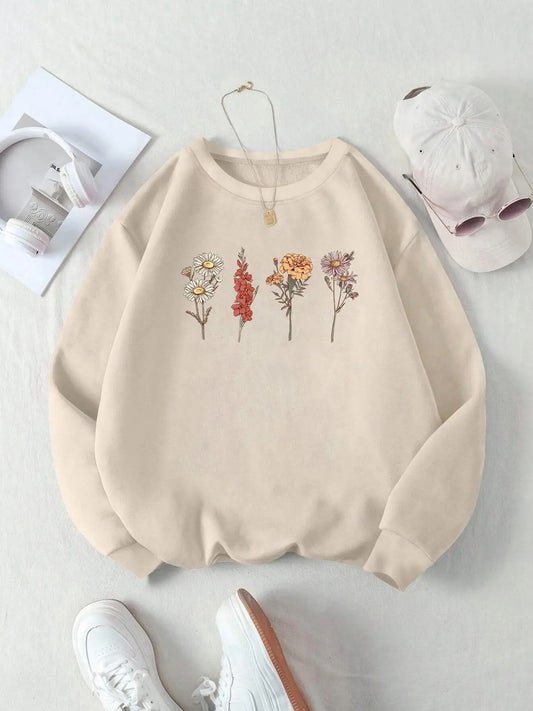 Women's Floral Print Drop Shoulder Sweatshirt, Casual Long Sleeve Round Neck Pullover for Daily Wear, Ladies Clothes for All Seasons