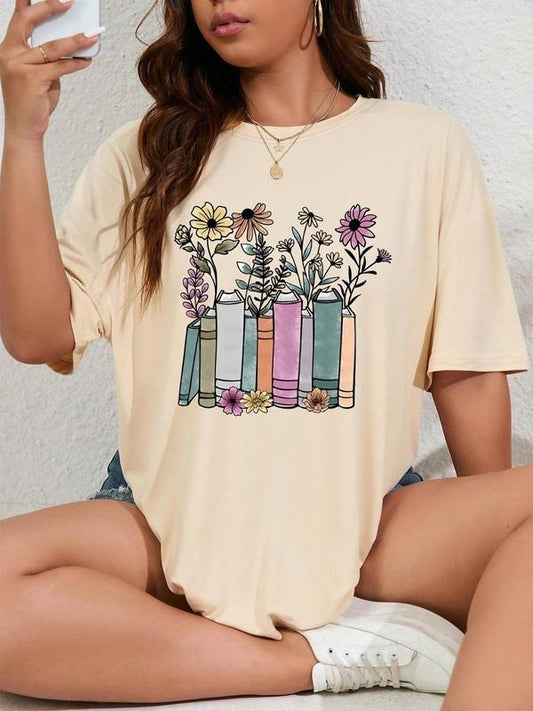 Women's Floral Print Round Neck Graphic Tee, Vintage Trendy Casual Drop Shoulder Half Sleeve T-shirt for Daily Wear, Ladies All Seasons Outfit