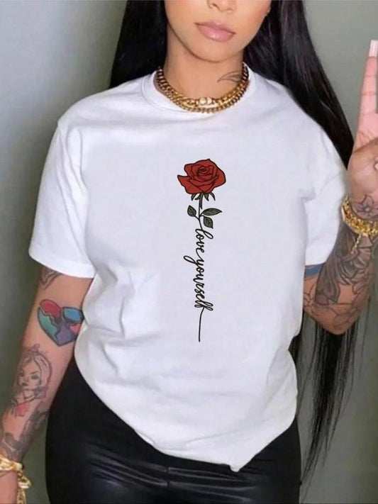 Women's Floral Print Round Neck Graphic Tee, Vintage Trendy Casual Short Sleeve T-shirt For Daily Wear, Ladies Summer Outfit, Clothing