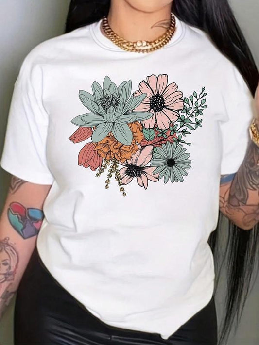 Women's Floral Print Round Neck Graphic Tee, Vintage Trendy Casual Short Sleeve T-shirt for Daily Wear, Ladies All Seasons Outfit
