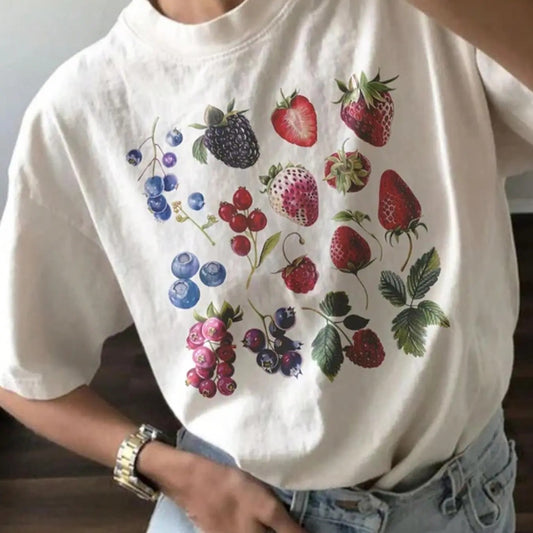 Women's Fruit Print Drop Shoulder Tee, Casual Half Sleeve Round Neck T-Shirt for Summer, Women's Top for Daily Wear