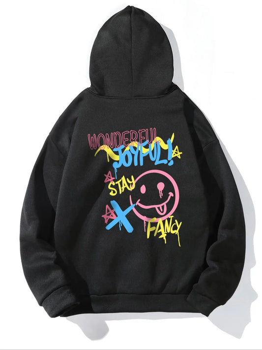Women's Geometric Expression & Letter Print Drop Shoulder Hoodie, Fashion Casual Drawstring Pocket Hooded Sweatshirt for Daily Holiday Outdoor Wear, Women Clothes for Spring & Fall