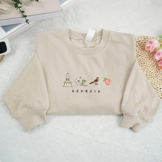Women's Georgia Cherokee Rose Embroidered Sweatshirt, State Sweatshirt, Georgia 1788 Sweatshirt, Georgia State Crewneck, USA States Crewneck