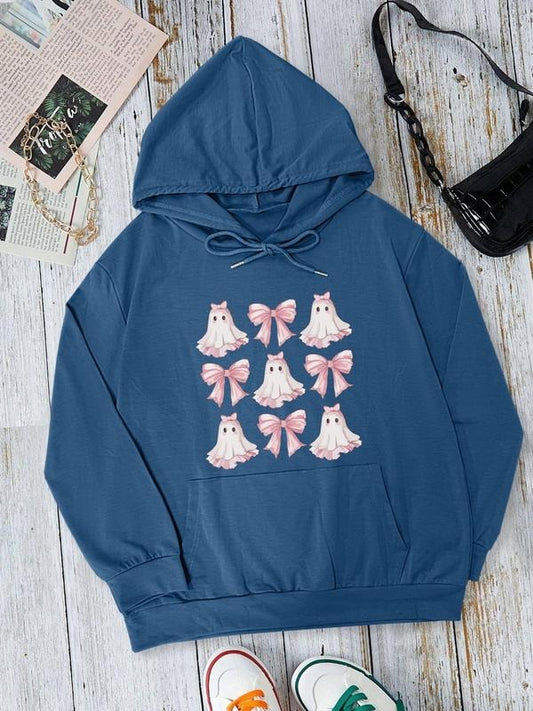 Women's Ghost Print Drop Shoulder Drawstring Hoodie, Fashion Casual Pocket Hooded Sweatshirt for Daily Holiday Outdoor Wear, Women Clothing for Fall & Winter