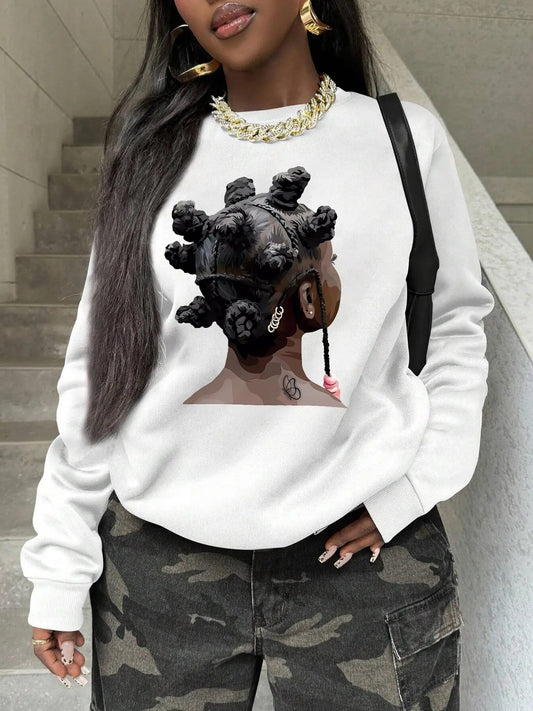 Women's Girl Print Crew Neck Sweatshirt, Casual Long Sleeve Pullover, Women's Top for Spring & Fall