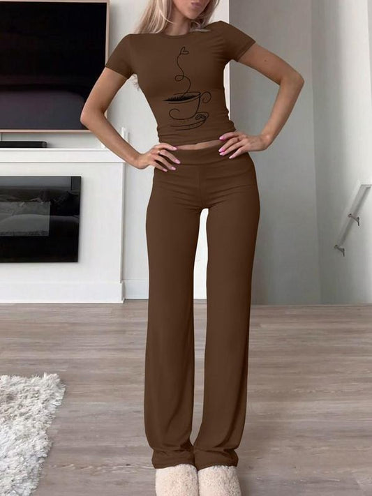 Women's Graphic Print Tee & Pants Two-piece Set, Casual Fashion Cozy Round Neck Short Sleeve T-shirt & Trousers for Daily Outdoor Wear, Women's Clothing for Summer