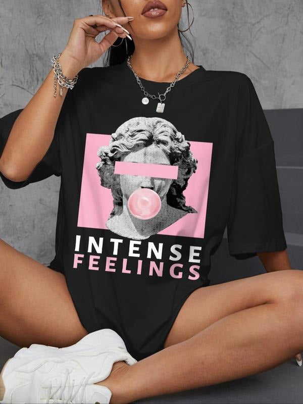 Women's Graphic Round Neck Drop Shoulder Tee, Summer Clothes Women, Fashion Casual Sculpture Print Crew Neck T-shirt for Daily Holiday Vacation Outdoor Wear, Women Tops for Summer