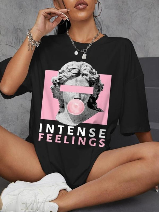 Women's Graphic Round Neck Drop Shoulder Tee, Summer Clothes Women, Fashion Casual Sculpture Print Crew Neck T-shirt for Daily Holiday Vacation Outdoor Wear, Women Tops for Summer