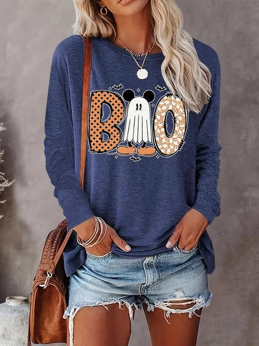Women's Halloween Ghost & Letter Print Drop Shoulder Tee, Casual Long Sleeve Round Neck T-shirt for Fall & Winter, Women's Top for Daily Wear