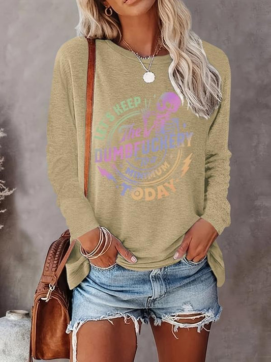 Women's Halloween Skull Letters Print Long Sleeve Round Neck T-Shirt, Casual Fitted Top, Soft Comfortable Fabric, Available in 6 Colors
