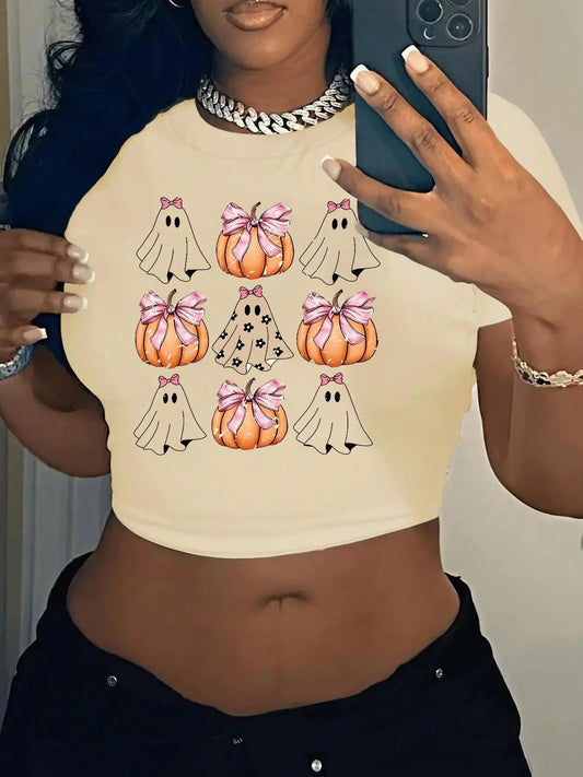 Women's Halloween Themed Ghost Print Round Neck Crop Tee, Casual Short Sleeve Crew Neck T-shirt for Summer, Fashion Women's Top for Daily Wear