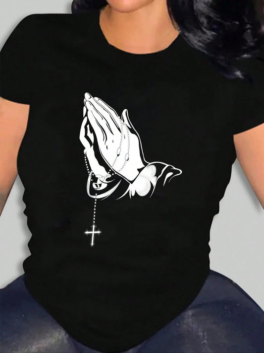 Women's Hand & Cross Print Round Neck Tee, Casual Short Sleeve T-Shirt for Summer, Ladies Clothes for Daily Wear