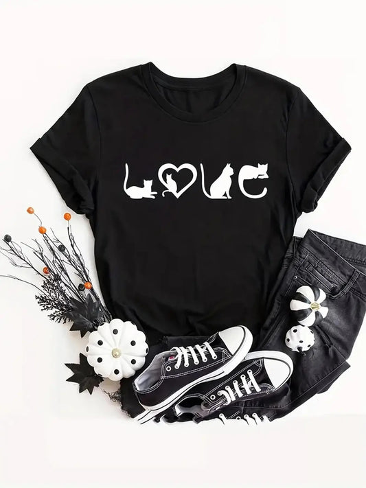 Women's Heart & Cat Print Round Neck Tee, Trendy Casual Letter Graphic Short Sleeve T-shirt For Daily Wear, Ladies Summer Outfit