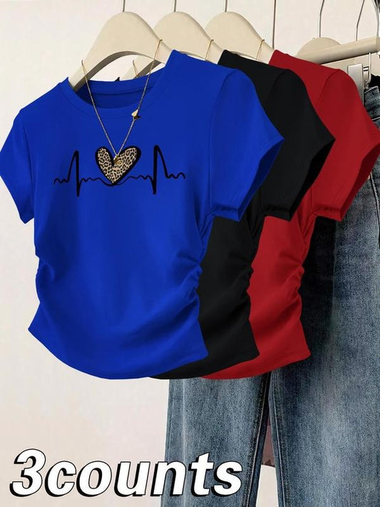 Women's Heart & EKG Print Round Neck Tee, Casual Short Sleeve T-shirt for Daily Wear, Ladies Clothes for All Seasons, Top