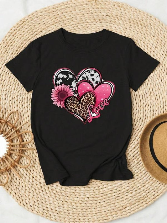 Women's Heart & Floral Print Round Neck Graphic Tee, Vintage Trendy Casual Short Sleeve T-shirt for Daily Wear, Ladies All Seasons Outfit