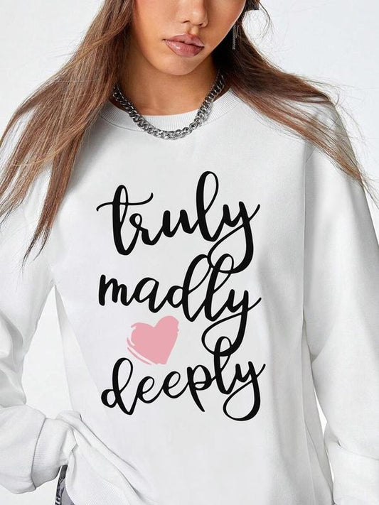 Women's Heart & Letter Print Crew Neck Sweatshirt, Casual Drop Shoulder Long Sleeve Pullover, Women's Fall & Winter Clothes for Daily Wear