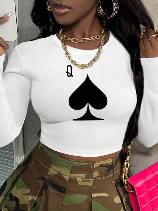 Women's Heart & Letter Print Round Neck Crop Tee, Casual Long Sleeve Crew Neck T-shirt for Daily Wear, Ladies Clothes for All Seasons