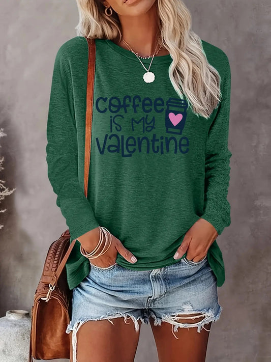 Women's Heart & Letter Print Round Neck Tee, Casual Long Sleeve Crew Neck T-shirt for Fall & Winter, Women's Top for Daily Wearstyle{n002}5