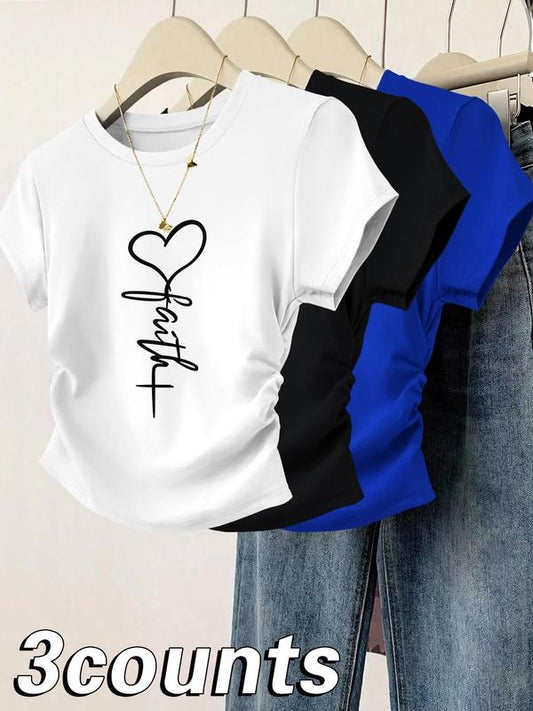 Women's Heart & Letter Print Round Neck Tee, Casual Short Sleeve T-shirt for Daily Wear, Ladies Clothes for All Seasons, Top