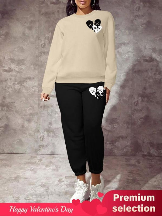 Women's Heart Print Drop Shoulder Sweatshirt & Pocket Sweatpants Two-piece Set, Casual Fashion Cozy Round Neck Long Sleeve Pullover & Jogger Pants for Daily Wear, Women's Two-piece Outfits for Spring & Fall Valentine's Day, gift