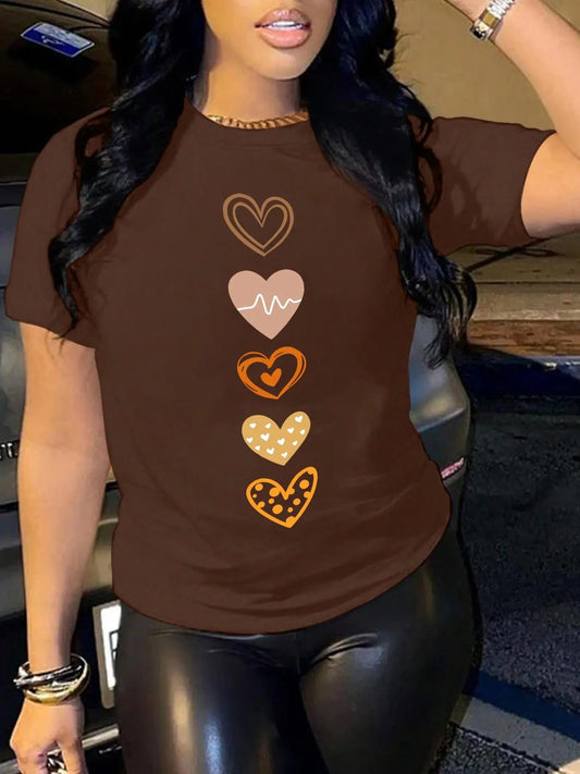 Women's Heart Print Round Neck Graphic Tee, Vintage Trendy Casual Short Sleeve T-shirt For Daily Wear, Ladies All Seasons Outfit
