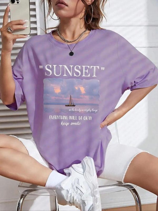 Women's Landscape Print Round Neck Tee, Vintage Trendy Casual Letter Graphic Drop Shoulder Half Sleeve T-Shirt, Ladies Summer
