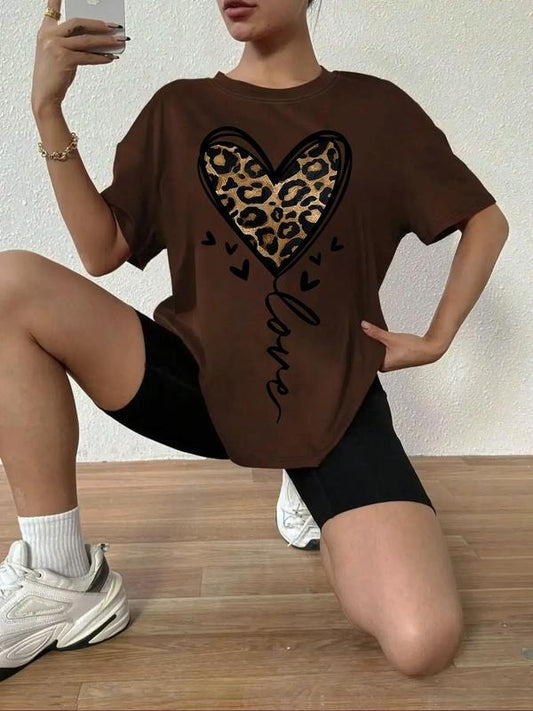 Women's Leopard Heart Print Round Neck Graphic Tee, Vintage Trendy Casual Drop Shoulder Short Sleeve T-shirt For Daily Wear, Ladies All Seasons Outfit