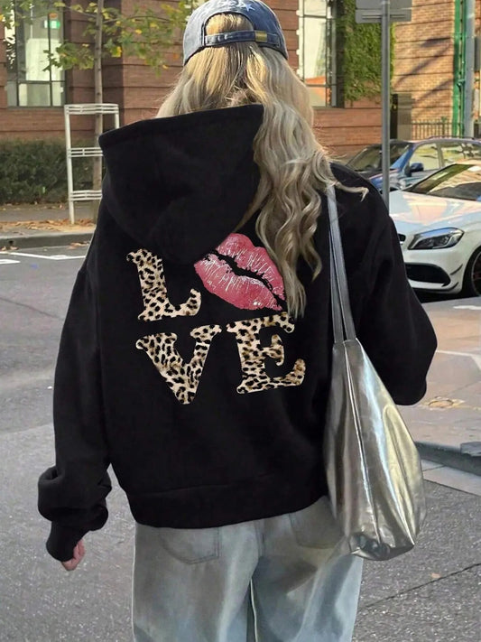 Women's Leopard Letter Print Drop Shoulder Hoodie, Fashion Casual Drawstring Pocket Hooded Sweatshirt for Daily Holiday Outdoor Wear, Women Clothing for Fall & Winter