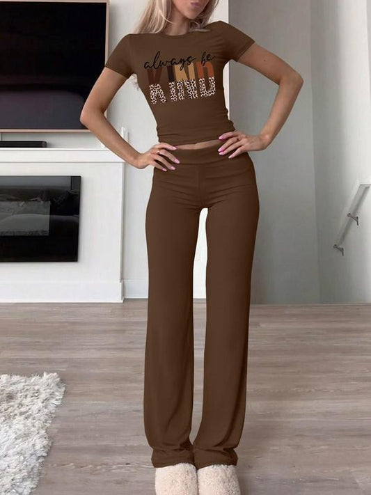 Women's Leopard Letter Print Tee & Pants Two-piece Set, Casual Round Neck Short Sleeve T-shirt & Trousers for Daily Wear, Ladies Spring & Fall Clothes