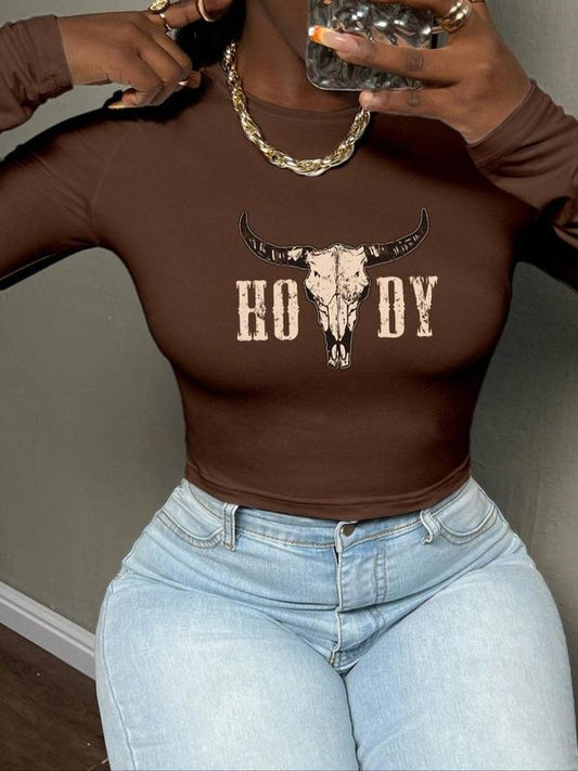 Women's Letter & Bull Head Print Round Neck Crop Tee, Casual Long Sleeve Crew Neck T-Shirt for Daily Wear, Ladies Clothes for All Seasons