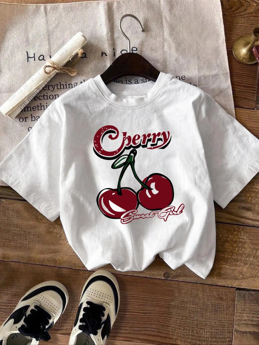 Women's Letter & Cherry Print Round Neck Tee, Casual Short Sleeve Crew Neck T-Shirt, Ladies Clothes for Daily Wear