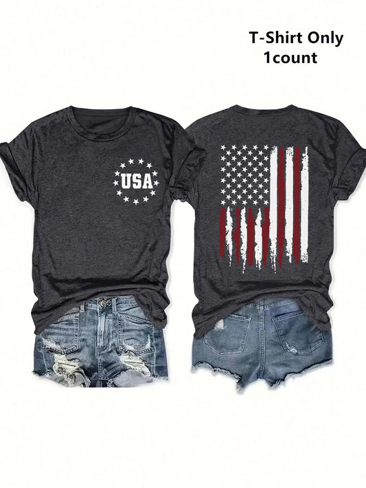 Women's Letter & Flag Print Round Neck Tee, Trendy Casual Short Sleeve T-shirt for Daily Wear, Ladies Summer Outfit