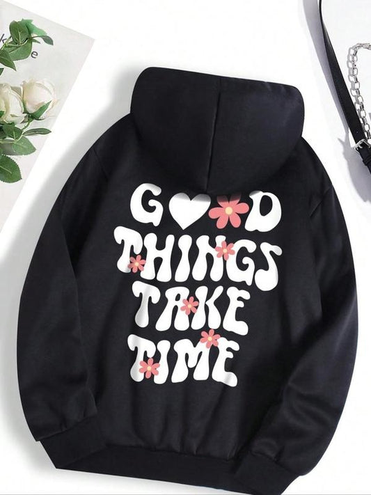 Women's Letter & Floral Print Drawstring Pocket Hoodie, Fashion Casual Comfort Fitted Long Sleeve Hooded Sweatshirt Pullover for Daily Wear, Lady's Clothes