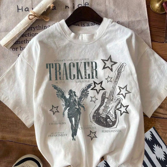 Women's Letter & Guitar & Figure Print Round Neck Tee, Vintage Trendy Casual Short Sleeve T-shirt for Daily Wear, Ladies Summer Outfit