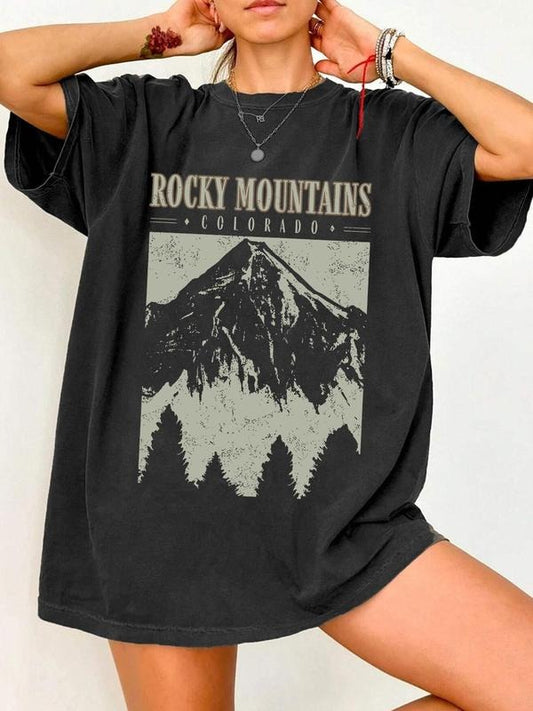 Women's Letter & Mountain Print Round Neck Tee, Vintage Trendy Casual Short Sleeve T-shirt for Daily Wear, Ladies Summer Outfit