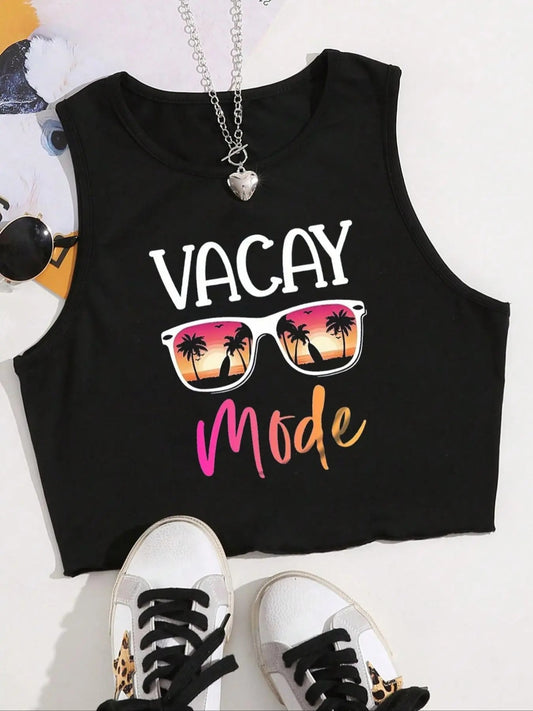 Women's Letter & Palm Tree Print Round Neck Crop Tank Top, Punk Fashion Casual Sleeveless Top for Daily Holiday Vacation Outdoor Wear, Ladies Clothes for Summer