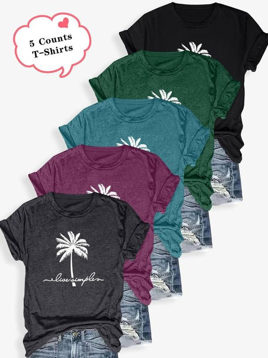 Women's Letter & Palm Tree Print Round Neck Tee, Casual Short Sleeve Crew Neck T-shirt for Summer, Fashion Women's Top for Daily Wear
