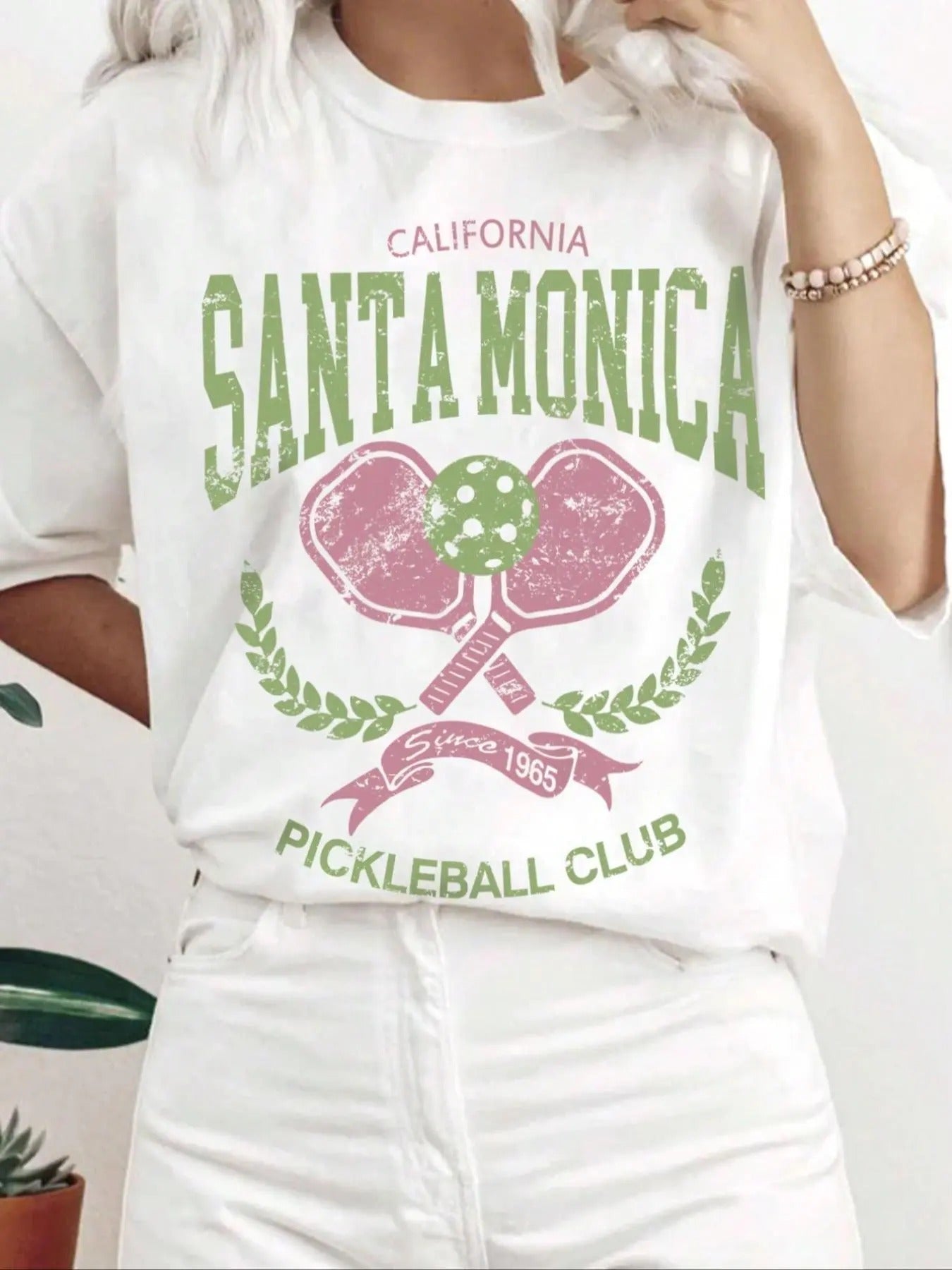 Women's Letter & Pickleball Print Drop Shoulder Tee, Half Sleeve Crew Neck T-shirt, Casual Fashion Summer Top for Daily Wear