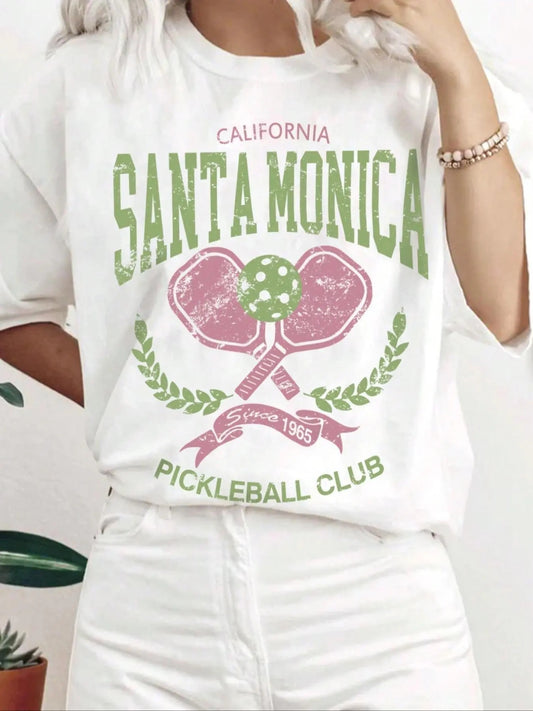 Women's Letter & Pickleball Print Drop Shoulder Tee, Half Sleeve Crew Neck T-shirt, Casual Fashion Summer Top for Daily Wear