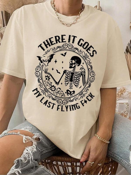 Women's Letter & Skeleton Print Round Neck Drop Shoulder Tee, Fashion Casual Crew Neck T-shirt for Daily Holiday Vacation Outdoor Wear, Ladies Clothes for All Seasons