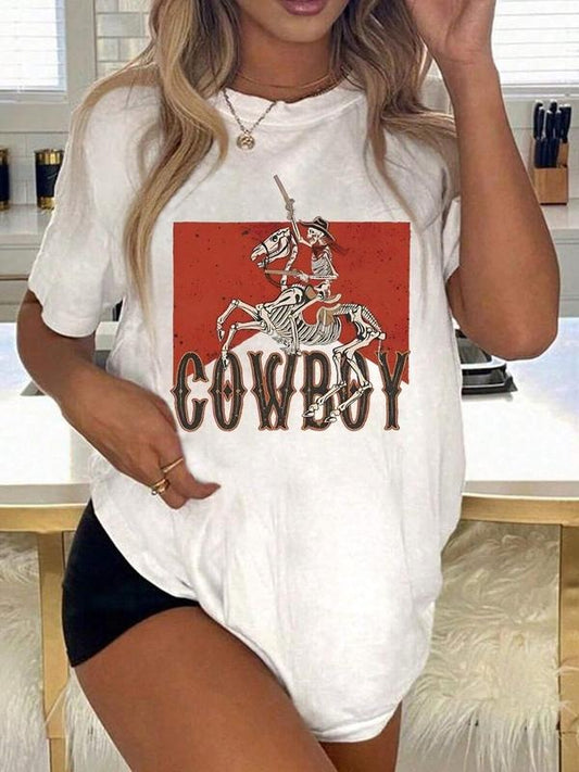 Women's Letter & Skeleton Print Round Neck Tee, Halloween Vintage Trendy Casual Short Sleeve T-shirt for Daily Wear, Ladies Summer Outfit