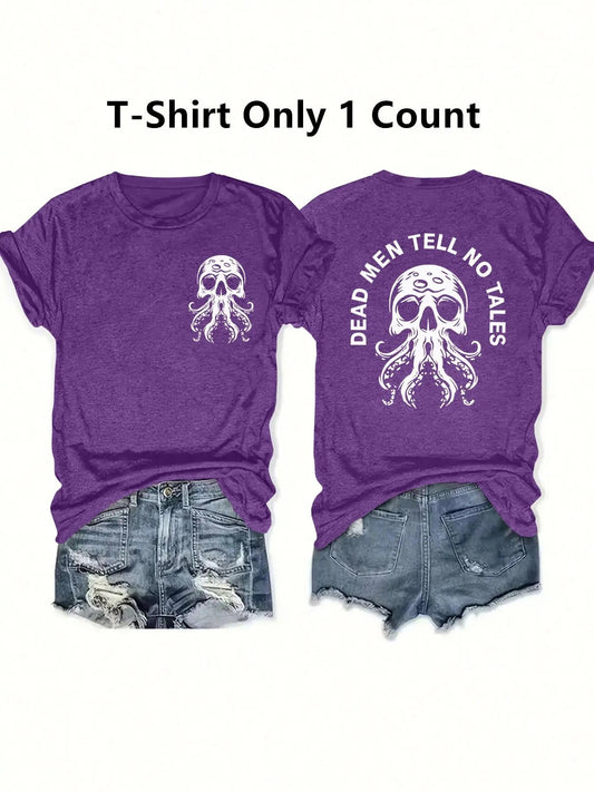 Women's Letter & Skull Print Round Neck Graphic Tee, Vintage Trendy Casual Short Sleeve T-shirt for Daily Wear, Ladies Summer Outfit