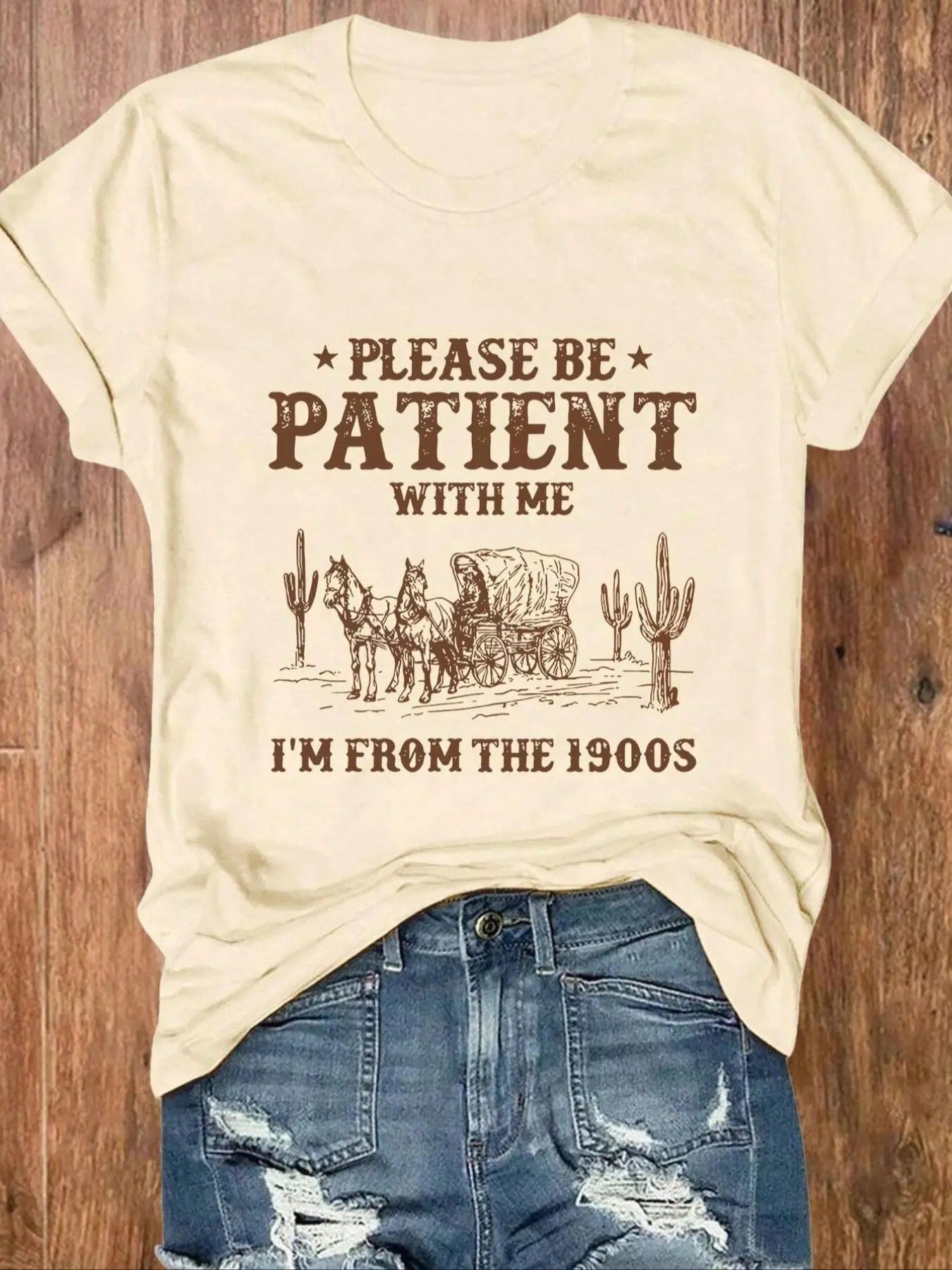 Women's Letter & Wagon Print Round Neck Tee, Vintage Trendy Casual Short Sleeve T-Shirt for Daily Wear, Ladies Summer Outfit