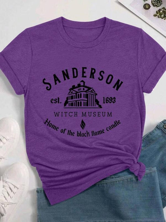 Women's Letter & Witch Museum Print Round Neck Tee, Trendy Casual Short Sleeve T-Shirt for Daily Wear, Ladies Summer Outfit