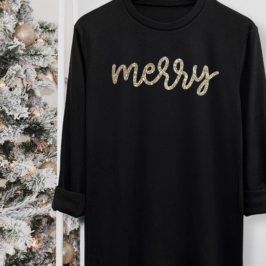 Women's Letter Christmas Print Round Neck Tee, Casual Long Sleeve Crew Neck T-shirt for Fall & Winter, Women's Top for Daily Wear