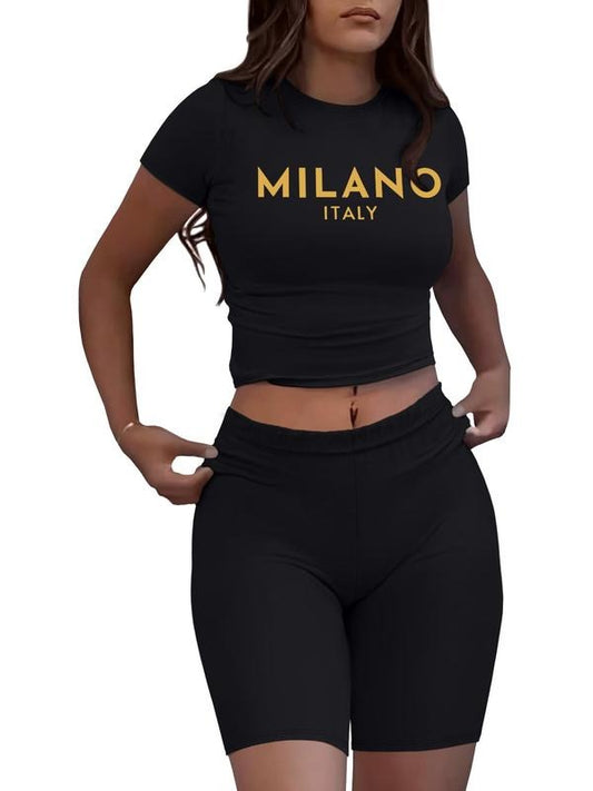 Women's Letter Print Crop Tee & Skinny Shorts Set, Casual Fashion Cozy Round Neck Short Sleeve T-shirt & Short Leggings for Daily Outdoor Wear, Ladies Clothes for All Seasons
