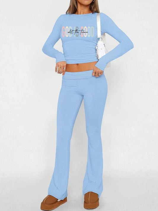 Women's Letter Print Crop Top & Flare Leg Pants Set, Casual Fashion Cozy Top & Bell Bottom Trousers for Daily Outdoor Wear, Women's Clothing for All Seasons