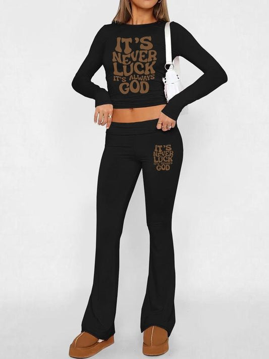 Women's Letter Print Crop Top & Flare Leg Pants Two-piece Set, Casual Fashion Cozy Round Neck Long Sleeve Top & Bell Bottom Trousers for Daily Outdoor Wear, Women's Clothing for Fall & Winter